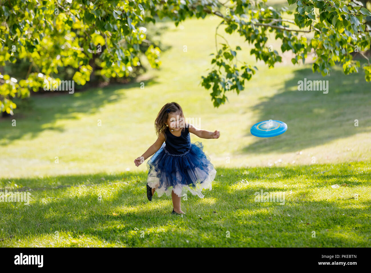 Ein junges Mädchen in einer Party dress Jagen einer Disc Spielzeug, dass ihr in einem Park auf warmen Herbst Nachmittag während einer Familie geworfen wurde Outing Stockfoto