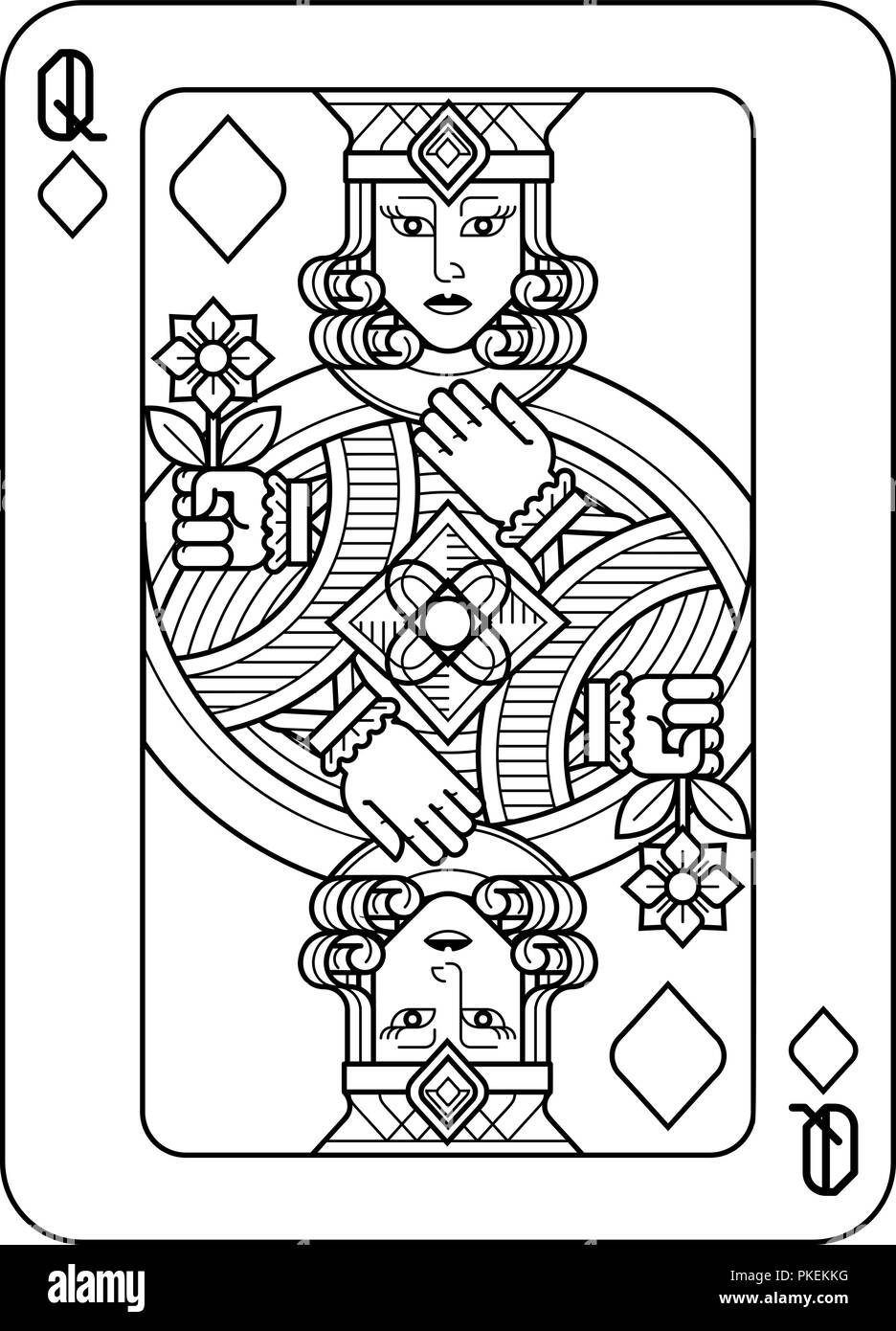 Karten Queen Of Diamonds Schwarz und Weiß Stock Vektor