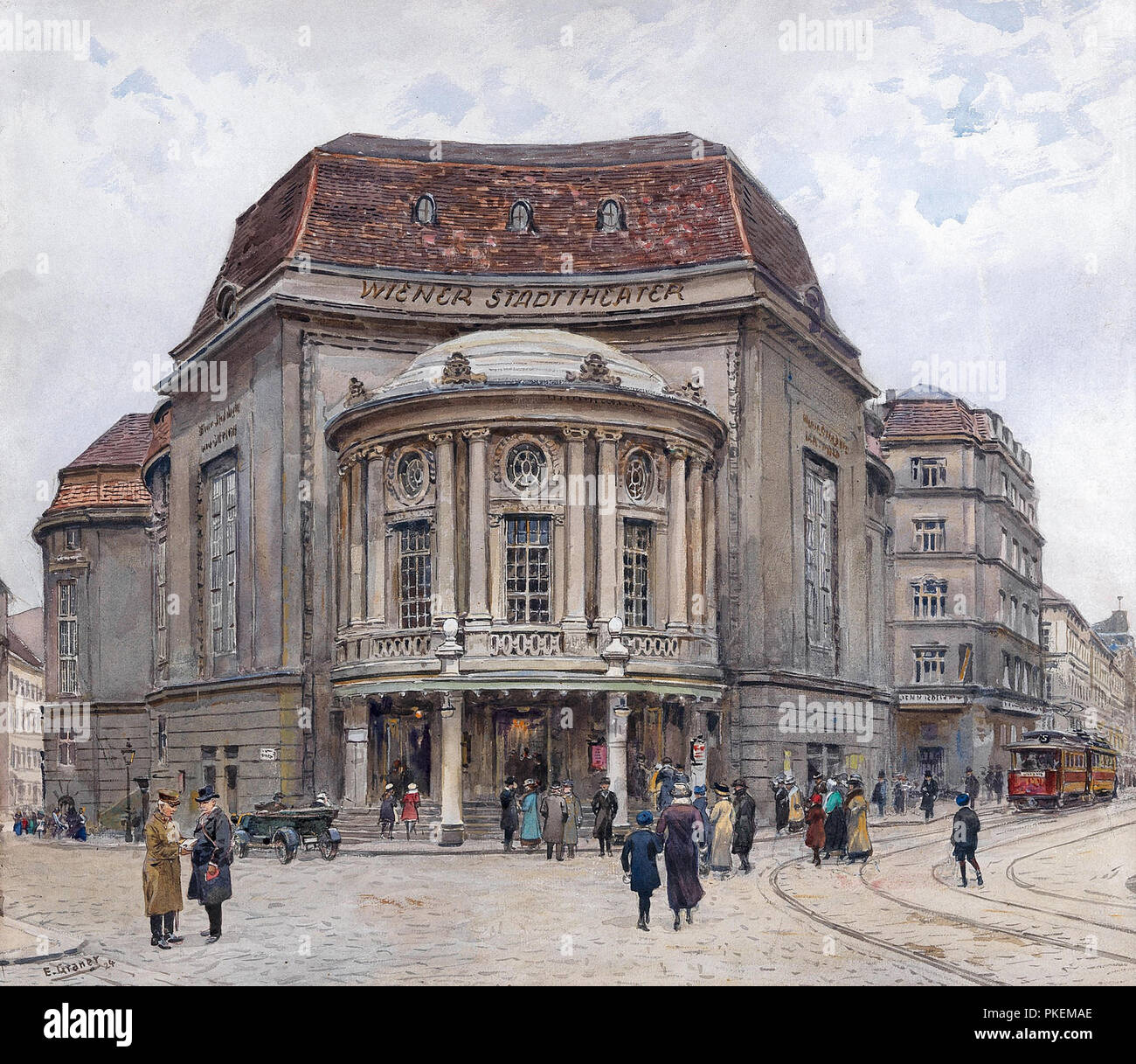 Graner Ernst - ehemalige Stadt Wien Theater in der Josefstadt und ein Triebwagen der Linie 5 Stockfoto