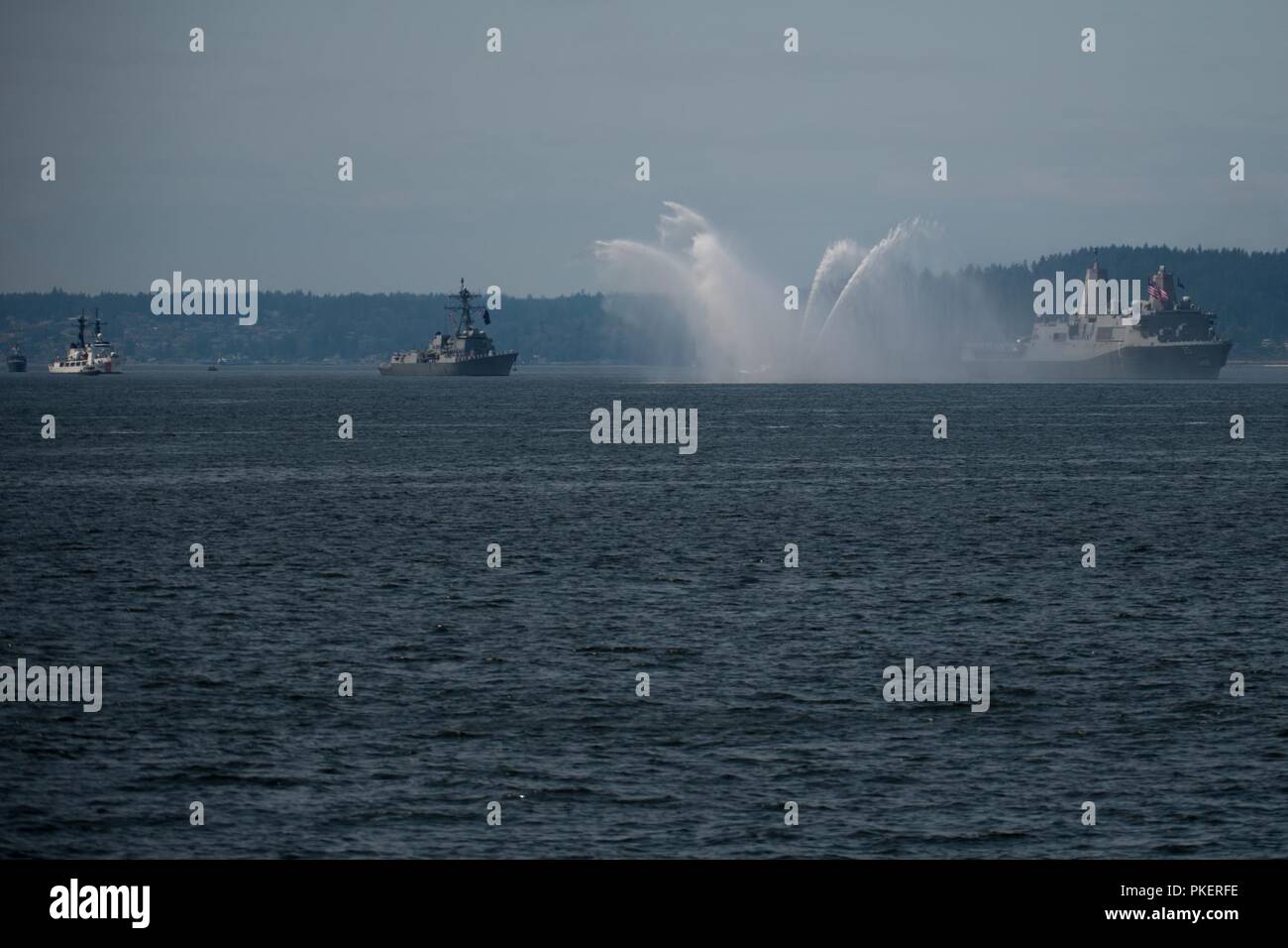 SEATTLE (31. Juli 2018) Amphibious Transport dock Schiff USS Somerset LPD (25), rechts, geführte Anti-raketen-Zerstörer USS Momsen (DDG92), Mitte und der U.S. Coast Guard Cutter Mellon (WHEC-717) in einer Parade von Schiffen in der Elliott Bay während des 69. jährlichen Seafair Flotte Woche teilnehmen. Seafair Fleet Week ist eine jährliche Feier des Meeres Dienstleistungen darin Seemänner, Marinesoldaten und Küstenwache Mitglieder vom Besuch der US-Marine und Küstenwache Schiffe und Schiffe aus Kanada machen die Stadt zu einem Hafen des Anrufs. Stockfoto