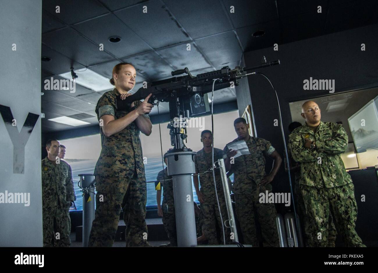 IMPERIAL BEACH (2. August 2018) Marine Task Force Koa Moana zugeordnet Brände die M240 Maschinengewehr Simulator während eingeschifft Security Team (EST) grundlegende Ausbildung von Küsten Riverine Group (CRG) (1) Ausbildung und Auswerteeinheit onboard Naval Outlying Landung eingereicht Imperial Beach vorhanden. CRG stellt eine Kernkompetenz bezeichnet hochwertige Assets über das Grün und Blau, Wasser, Umwelt und die Bereitstellung von Portierbaren adaptive Kraft Pakete (AFP) weltweit in einem integrierten, gemeinsamen und kombinierte Theater der Operationen zu verteidigen. Stockfoto