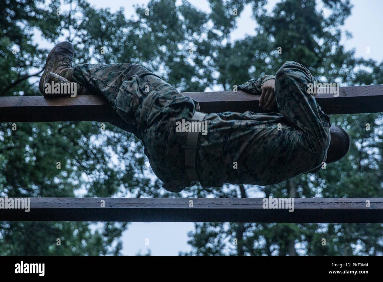 Marines mit Charlie Company, 1.Bataillon, 23 Marine Regiment, konkurrieren in der 4. Marine Division jährliche Rifle Squad Wettbewerb, packen Sie eine zweistündige timed Hindernis Kurs am Joint Base Elmendorf-Richardson, Anchorage, Alaska, 3. August 2018. Super Squad Wettbewerbe wurden entwickelt, um eine 14-Mann Infanterie Squad in ein weites Feld und Live-fire Evolution zu bewerten. Stockfoto