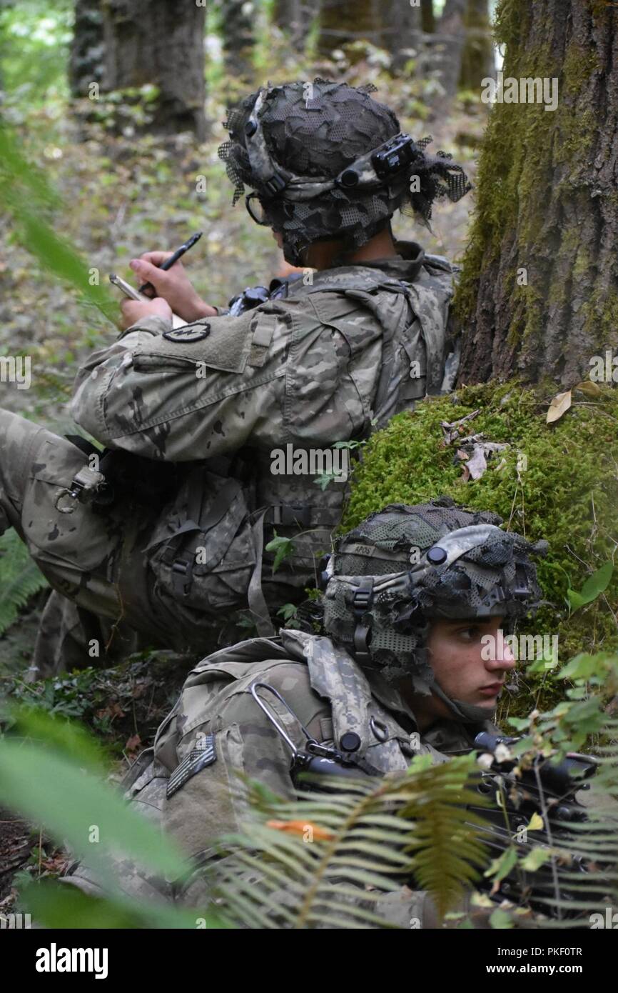 Soldaten aus 1 Bataillon 5 Infanterie Regiment, ein Beobachtungsposten mit Blick auf eine Straße im Notfall Bereitstellungsbereitschaft Übung Mut Bereit 18-02, Joint Base Lewis McChord, Aug 2. Die Bobcats bereitgestellt Joint Base Lewis - McChord von Fort Wainwright, Alaska, der 4.Bataillon, 23 d Infanterie Tomahawks für Iteration zwei Amerikas erste Korps Mut bereit Serie die sich alle Einheiten überprüft die Fähigkeit sowohl zu Lande und in der Luft weltweit kurzfristig bereitstellen. Stockfoto