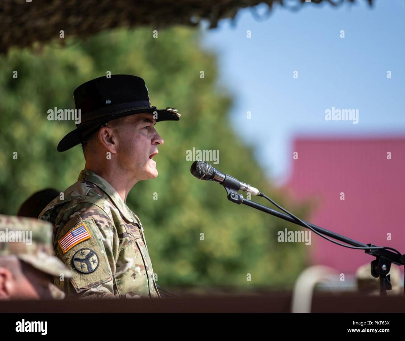 Oberst Jimmie Cole, Commmander der 278th ACR spricht während der Übertragung der Autorität Zeremonie, Aug 8. Stockfoto