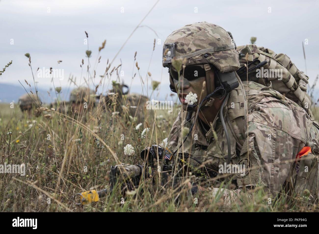 Sgt. Deandre Smith von der 3. Staffel, 2d-Cavalry Regiment Grenzen in Richtung Abdeckung mit seiner Gruppe während eines Air Assault Übung 9. August während der Noble Partner 18 am Lager Norio Murakami, Georgia. Edle Partner 2018 ist eine georgische Streitkräfte und US-Armee Europa kooperativ-led-übung in der vierten Iteration bestimmt zu unterstützen und die Bereitschaft und die Interoperabilität von Georgia, USA verbessern und die teilnehmenden Nationen während eines multinationalen Ausbildung Betrieb. Stockfoto