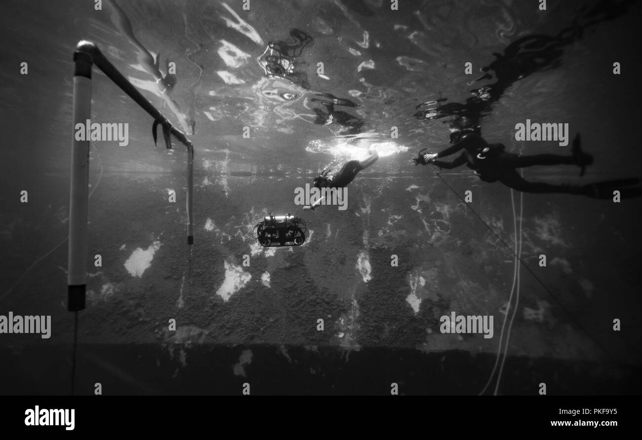 Eine US Coast Guard Taucher versucht, einen autonomen Unterwasserfahrzeugs im Viertelfinale der 21. jährlichen RoboSub Wettbewerb wiederherzustellen, eine internationale Robotik Wettbewerb auf Raum und Naval Warfare Systems Center Pacific sechs statt Million Gallone Aufnehmer Evaluation Center in San Diego 3 2018. Stockfoto