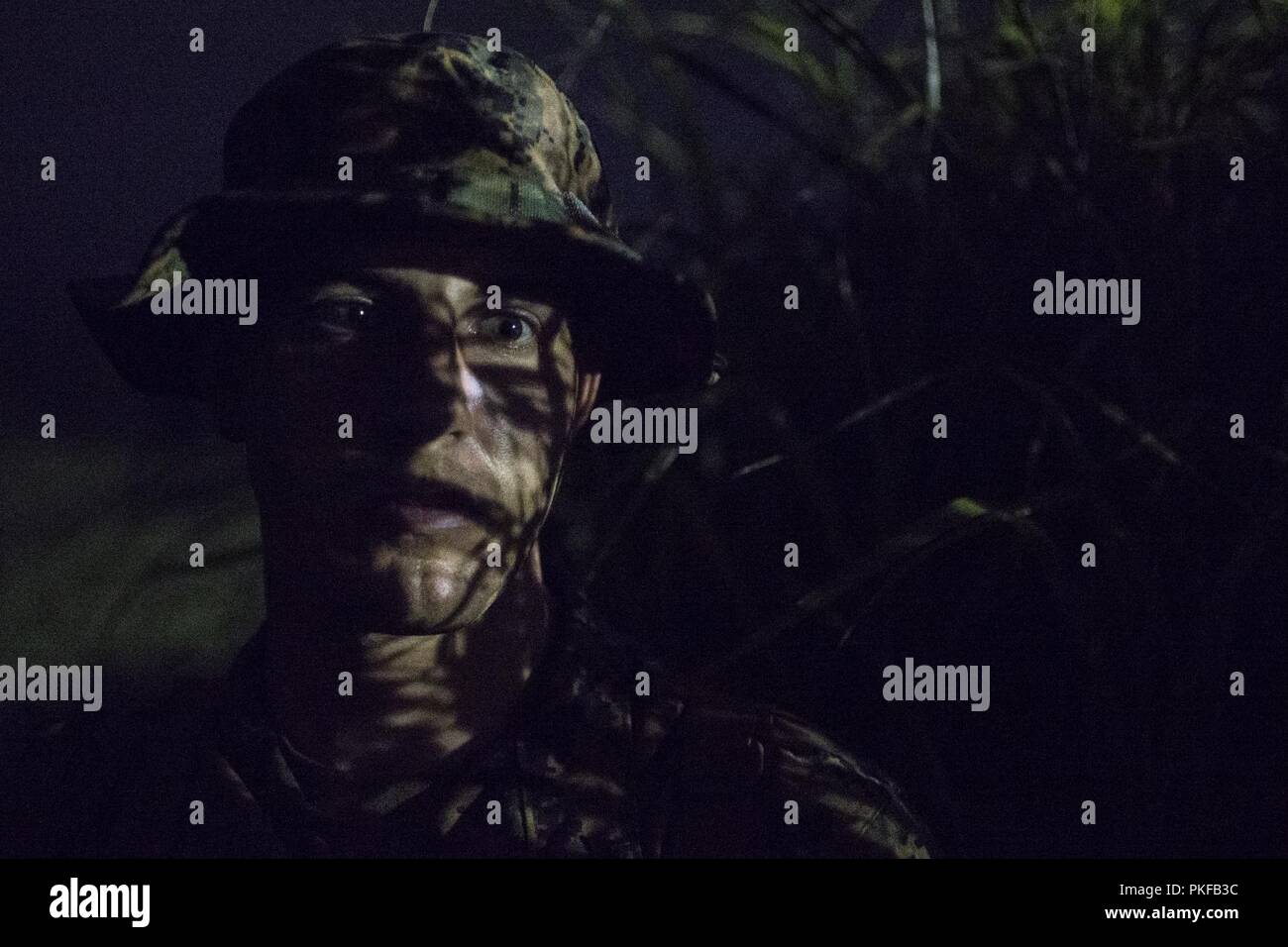 Us Marine Corps Lance Cpl. Matt Alarie, einer Flugzeugzelle Mechaniker mit Marine Fighter Attack Squadron (Vmfa) 121, steht während der Übung Eagle Zorn 18 an kombinierten Waffen Training Center Camp Fuji, Japan, 23. Juli 2018. Adler Zorn ist eine jährliche Übung konzipiert squadron Sprachkenntnisse in einer Betriebsumgebung zu erhöhen, Test für den VORWÄRTS-Befehl und Kontrolle der Struktur und der Praxis für die Praxis Kontingenz Missionen. Stockfoto