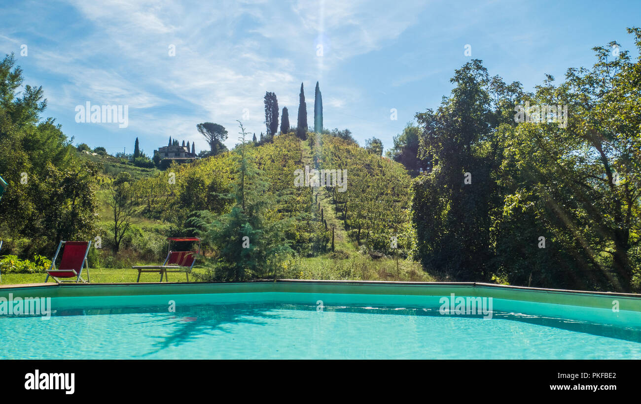 Schwimmbad vor einem terrassierten Weinberg mit einem Bauernhaus im Hintergrund, Borgo a Mozzano, Provinz Lucca Toskana, Italien Stockfoto