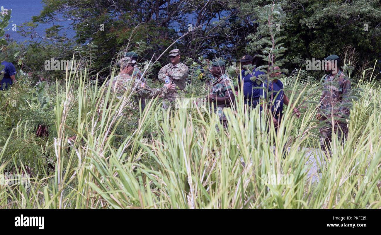 Sgt. 1. Klasse Robby E. Creech, Team Leader und Staff Sgt. Jose J. Palacios, Suche und Extraktion führen mit chemischen, biologischen, radiologischen, nuklearen Sprengstoff enhanced Response Force Paket (CERFP), Beobachten und fordern Sie die Mitglieder des St. Kitts und Nevis Fire Rescue Services Team, während sie einen weiten Bereich suchen bei Fort Thomas verlassenen Motel, St. Kitts und Nevis. Stockfoto