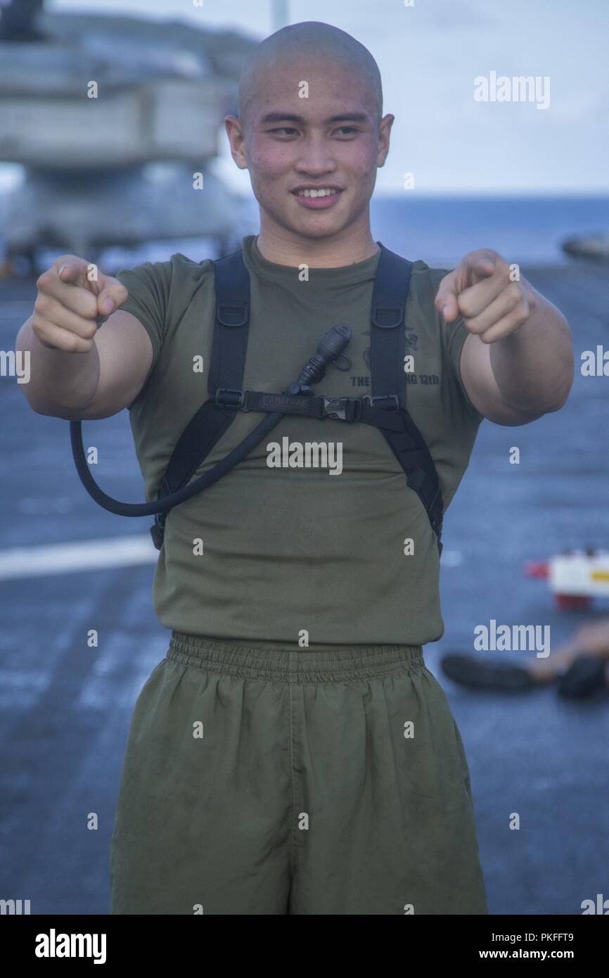 Pazifik - US Marine Sgt. James Vu jr., ein Martial Arts Instructor Trainer mit dem Befehl Element, 13 Marine Expeditionary Unit (MEU), führt körperliche Training während einer planmäßigen Einsatz der Essex Amphibious Ready Group (ARG) und die 13. MEU, 2. August 2018. Das Essex ARG/13 MEU ist ein fähiger und tödliche Navy-Marine Corps Team der 7 Bereich der Flotte im Einsatz der regionalen Stabilität zu unterstützen, Partner beruhigen und Verbündeten und einer Präsenz posierten auf jede Krise, die von der humanitären Hilfe Blindbewerbungen zu reagieren pflegen. (U. S. Marine C Stockfoto