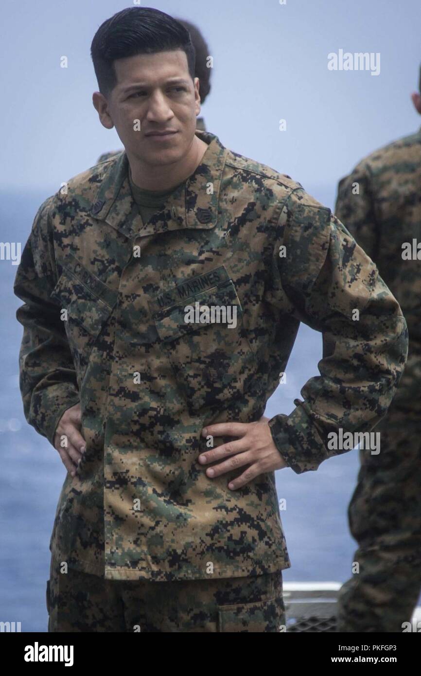 Pazifik - US Marine Staff Sgt. Raymundo Cardona, einer Food Service Manager mit dem Befehl Element, 13 Marine Expeditionary Unit (MEU), sieht nach seiner Marines während einer planmäßigen Einsatz der Essex Amphibious Ready Group (ARG) und die 13. MEU, 29. Juli 2018. Das Essex ARG/MEU Team ist eine starke, flexiblen, reaktionsschnellen und gleichbleibende Kraft in der Lage, Manöver Kriegsführung in allen Domänen; es ist ausgestattet und skalierbar auf jede Krise von der humanitären Hilfe und Katastrophenhilfe zu Blindbewerbungen zu reagieren. (U. Us Marine Corps Stockfoto