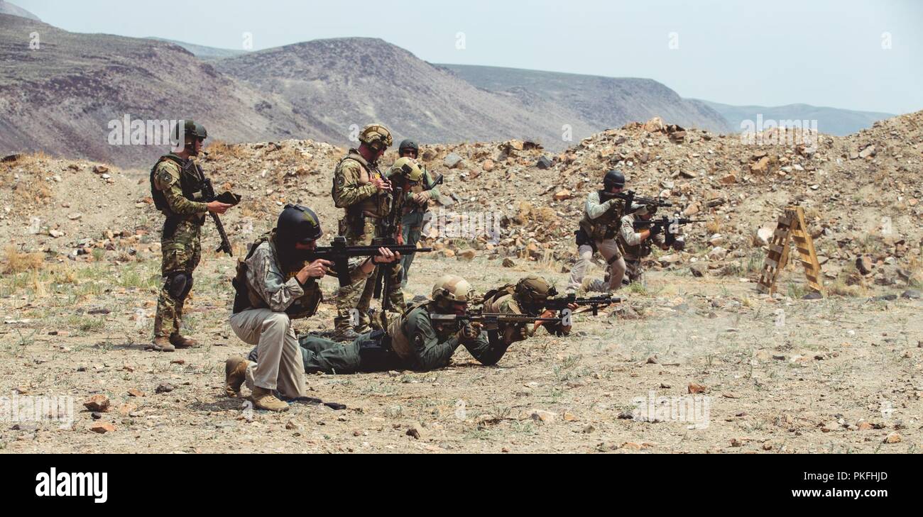 Polizisten mit dem Carson City spezielle Waffen und Taktiken (SWAT) Team Feuer ihre Waffen bei einem Manoever und löschübung an einem Training in Hawthorne, Nev, Aug 2, 2018. Zweck dieser Schulung war für Marine Corps Forces Special Operations Command Marines und Carson City SWAT Wissen und Taktiken auszutauschen, nicht nur die Marines Krieg kämpfen Letalität zu verbessern, aber auch für die SWAT-Team ihre Taktik für spezialisierte häusliche Vorfälle zu verbessern. Stockfoto