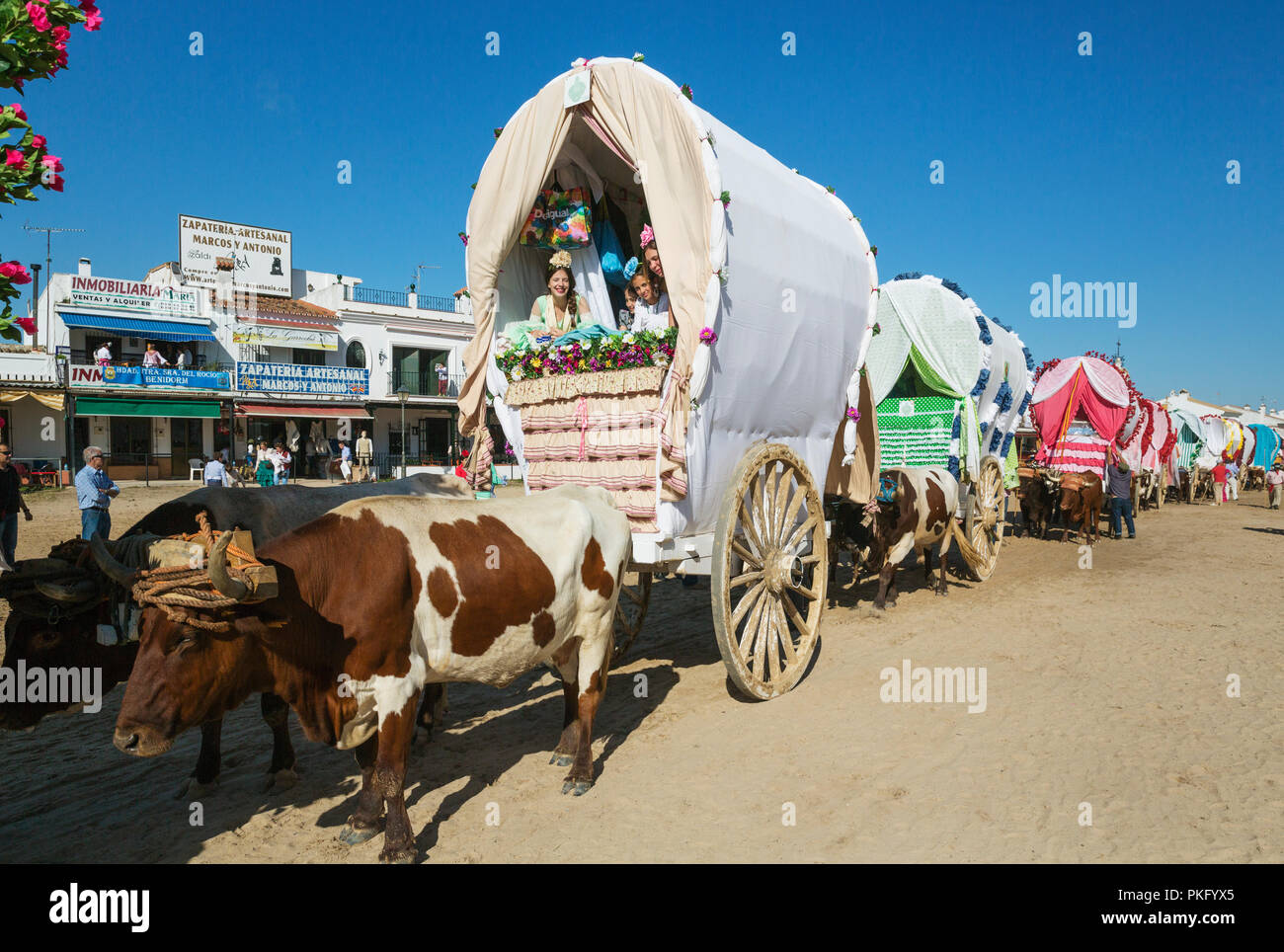 Oxcarts eingerichtet, die Menschen in der traditionellen Kleidung, pfingstwallfahrt von El Rocio, Provinz Huelva, Andalusien, Spanien Stockfoto