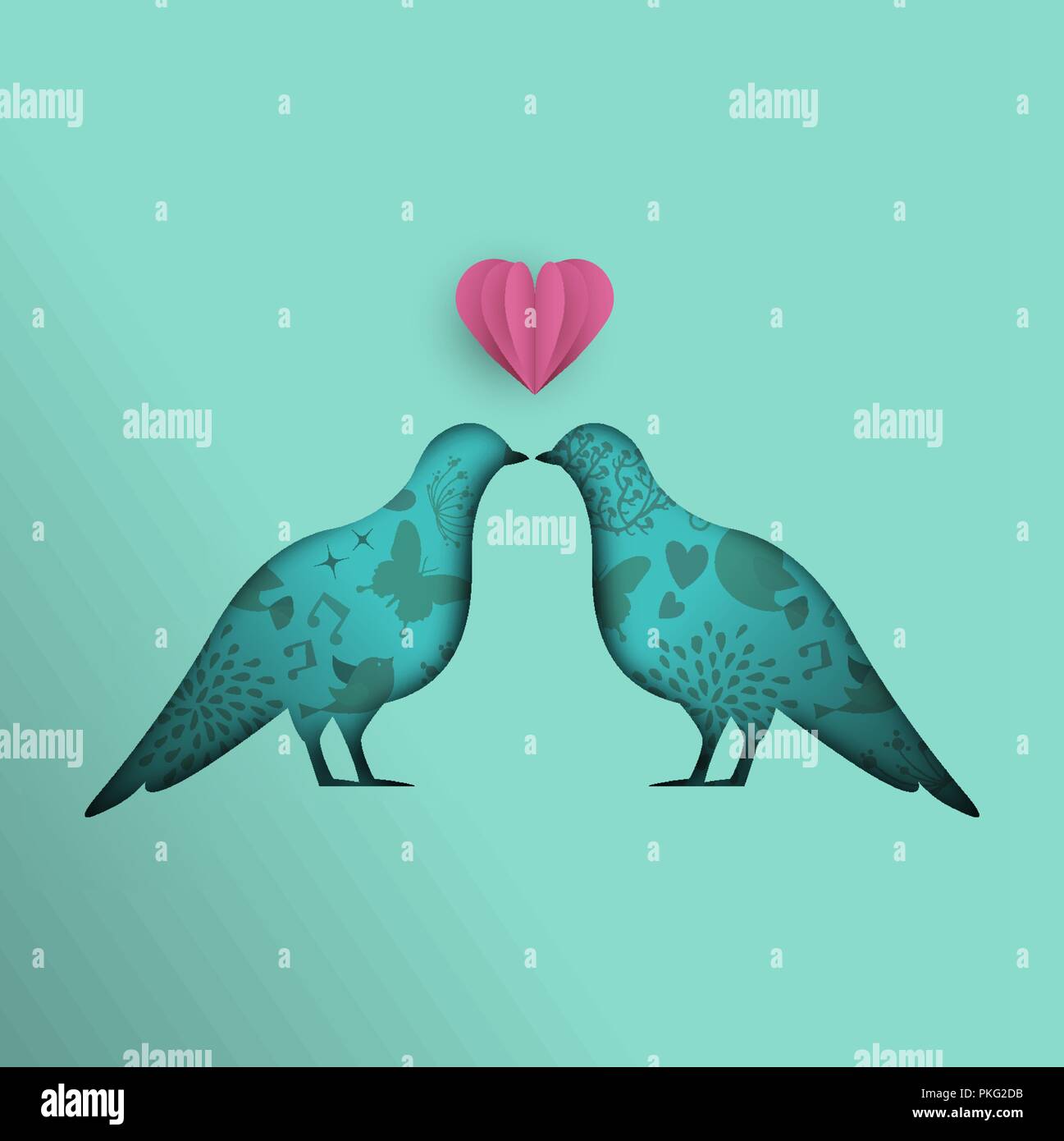 Papier schneiden Tauben Abbildung, ausschnitt Vogel Tier mit 3d rosa Herzen für Frieden, Hoffnung und Liebe. EPS 10 Vektor. Stock Vektor