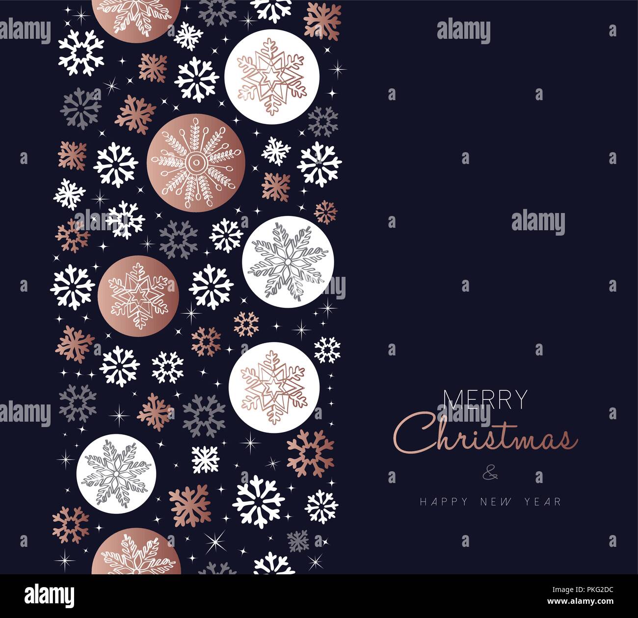 Frohe Weihnachten Frohes Neues Jahr Grußkarte Design mit Kupfer Schneeflocke nahtlose Muster Hintergrund. EPS 10 Vektor. Stock Vektor