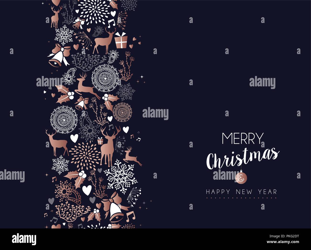 Frohe Weihnachten Frohes Neues Jahr Kupfer Muster Dekoration mit Rotwild, Natur und Urlaub Ornamente. EPS 10 Vektor. Stock Vektor