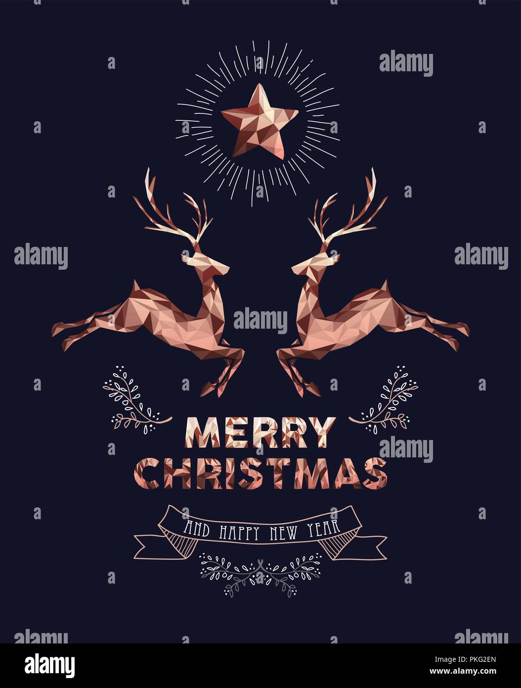 Frohe Weihnachten Frohes neues Jahr elegante Label Design Illustration in Kupfer Low-poly-Stil mit Rentier und Hand gezeichnet ornament Dekoration. Ideal für Stock Vektor