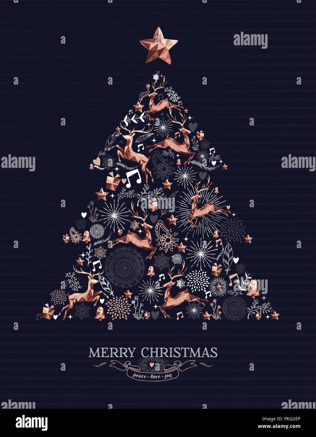 Frohe Weihnachten retro Grußkarte Design mit Kupfer Low Poly Rentier, Sterne und Urlaub Elemente xmas, Pine Tree silhouette Formen. EPS 10 vec Stock Vektor