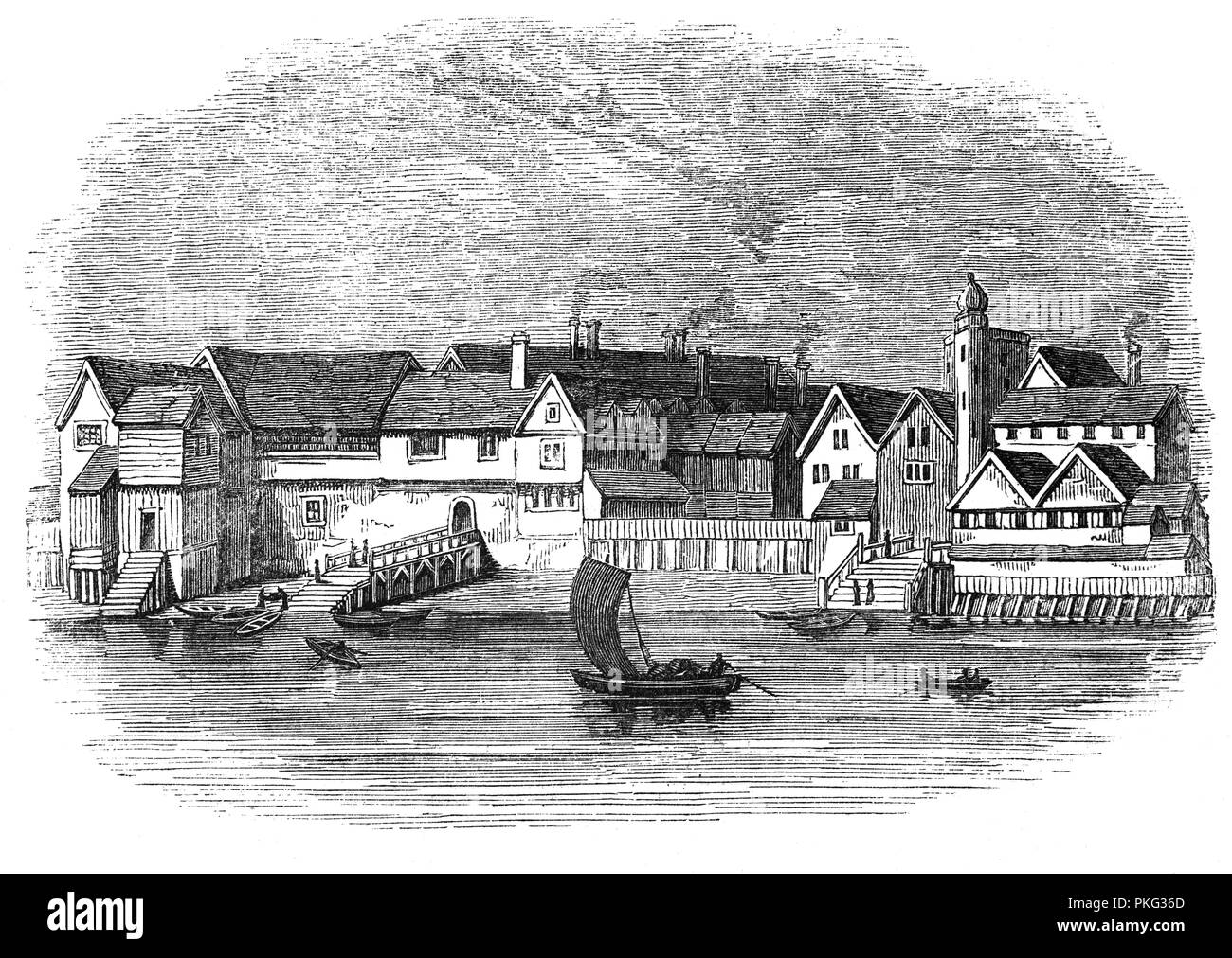 Die Wharf der Kaufleute der Steelyard, die englische Bezeichnung für die Kaufleute der Hanse, die zunächst in London im Jahre 1250 an der Steelyard auf dem Fluss angesiedelt, in der Nähe von Cosin Lane, jetzt Ironbridge Wharf und etablierten ihre Londoner Kontor in 1320. Liegt westlich von London Bridge über die Themse, es wuchs im Laufe der Zeit signifikant in einem Ummauerten Gemeinschaft mit eigenem Lager, Stadtwaage, Kirche, Büros und Häuser, was die Bedeutung und Umfang der Tätigkeit ausgeübt wird. Es ist die erste "Steelyard (der Stahlhof) in 1422. Wenn es in der Tolle zerstört Stockfoto