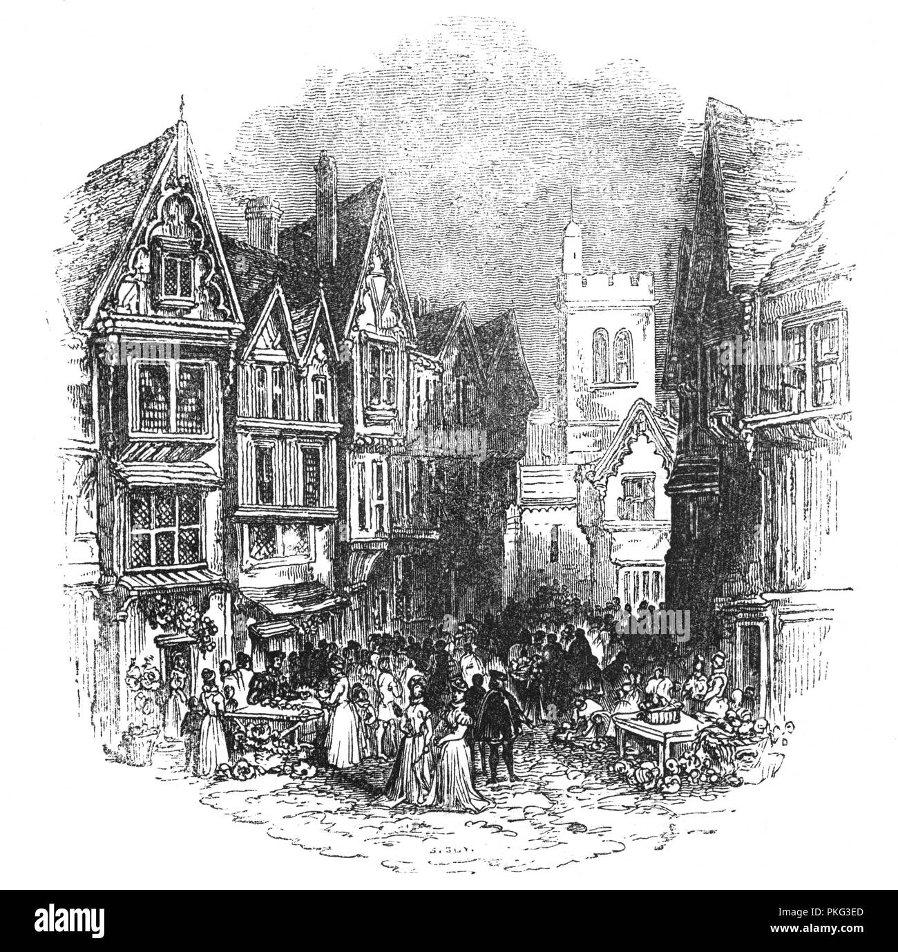 Überfüllte Bucklersbury, eine kleine Straße zwischen der Victoria Street und Walbrook im Herzen der City von London. Es hat zwei große römische London findet: der Tempel von Mithras und Bucklersbury Pavement Mosaik erbracht. Im vierzehnten Jahrhundert, es geweiht wurde, dass der Austausch von Gold und Silber dort stattfinden sollten; pepperers und Lebensmittelhändler übernahm später, bevor Sie wiederum durch Drogisten und Kräuterkundige - Shakespeares Falstaff' beschrieben diese Lispelnde hawthorn Knospen, dass Männer wie Frauen in der Bekleidung, und riechen wie Bucklersbury in einfachen Zeit" ersetzt wurden. Stockfoto