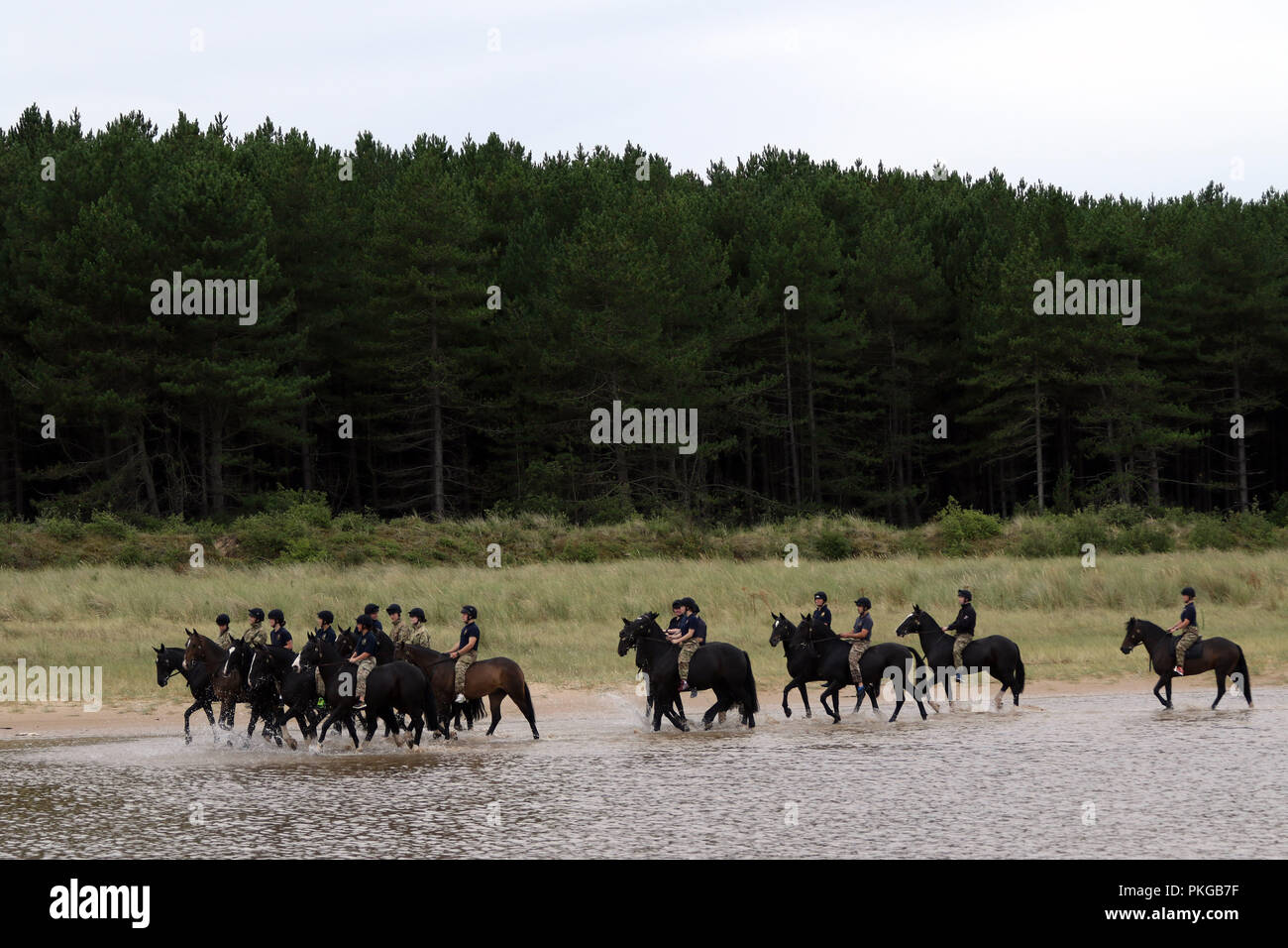 Holkham, Norfolk, Großbritannien. 12. Sep 2018. Soldaten und Pferde aus dem Könige Troop Royal Horse artillery genießen ihre Ausbildung am Strand von Holkham, Norfolk, am 12. September 2018. Credit: Paul Marriott/Alamy leben Nachrichten Stockfoto