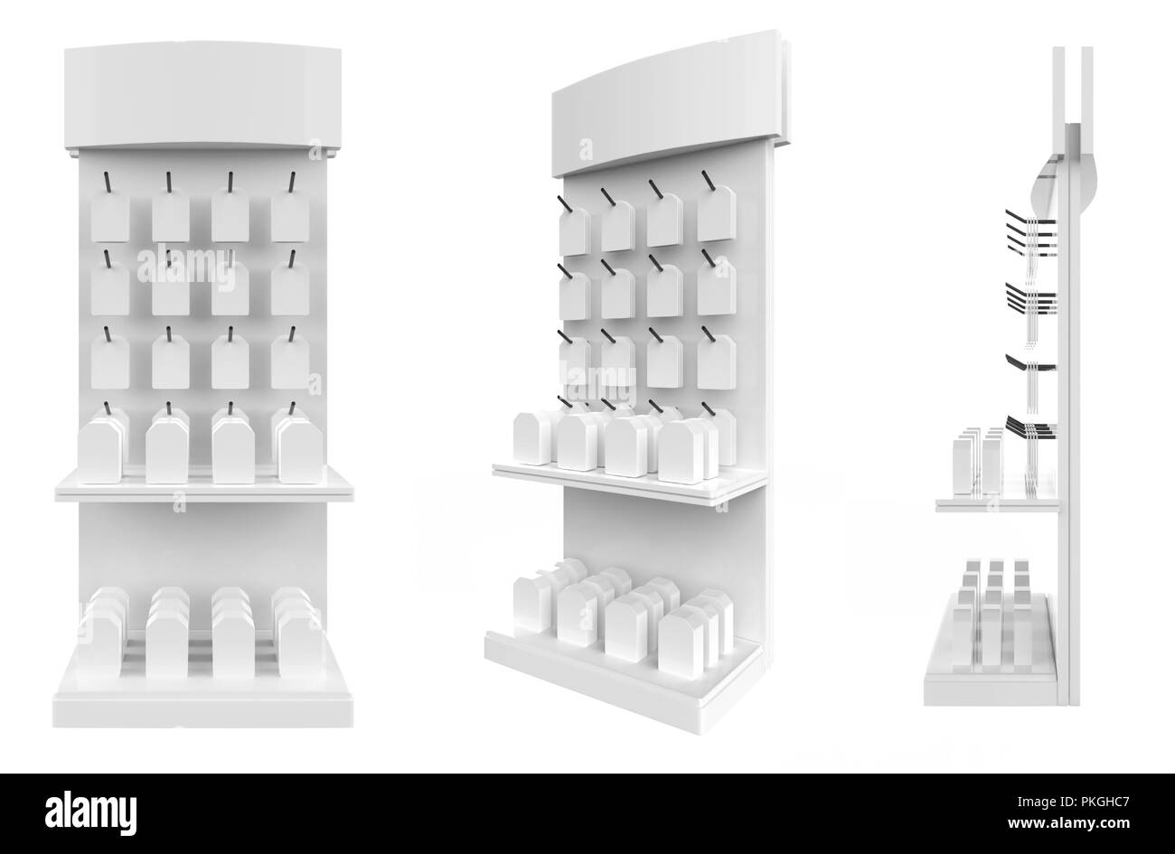 Telefon Zubehör Ständer, retail Display stand mit Haken für Produkt-, Anzeige steht auf weißem Hintergrund. 3D-Darstellung Stockfoto