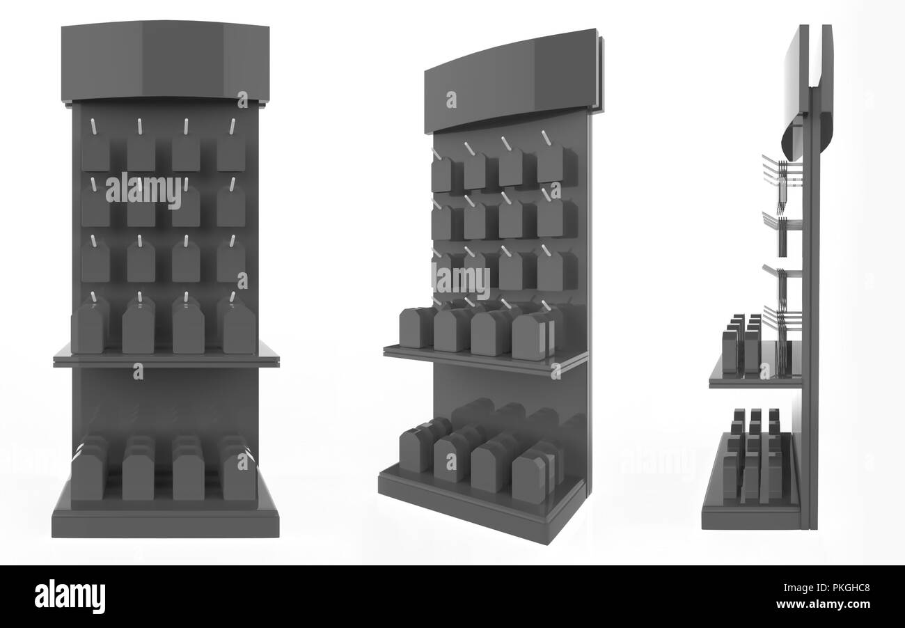 Telefon Zubehör Ständer, retail Display stand mit Haken für Produkt-, Anzeige steht auf weißem Hintergrund. 3D-Darstellung Stockfoto