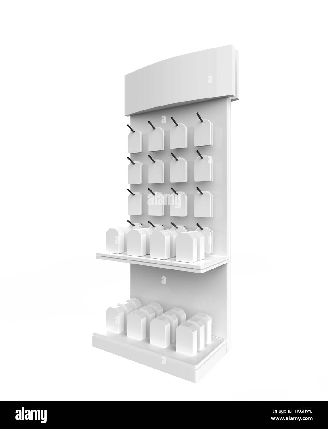 Telefon Zubehör Ständer, retail Display stand mit Haken für Produkt-, Anzeige steht auf weißem Hintergrund. 3D-Darstellung Stockfoto