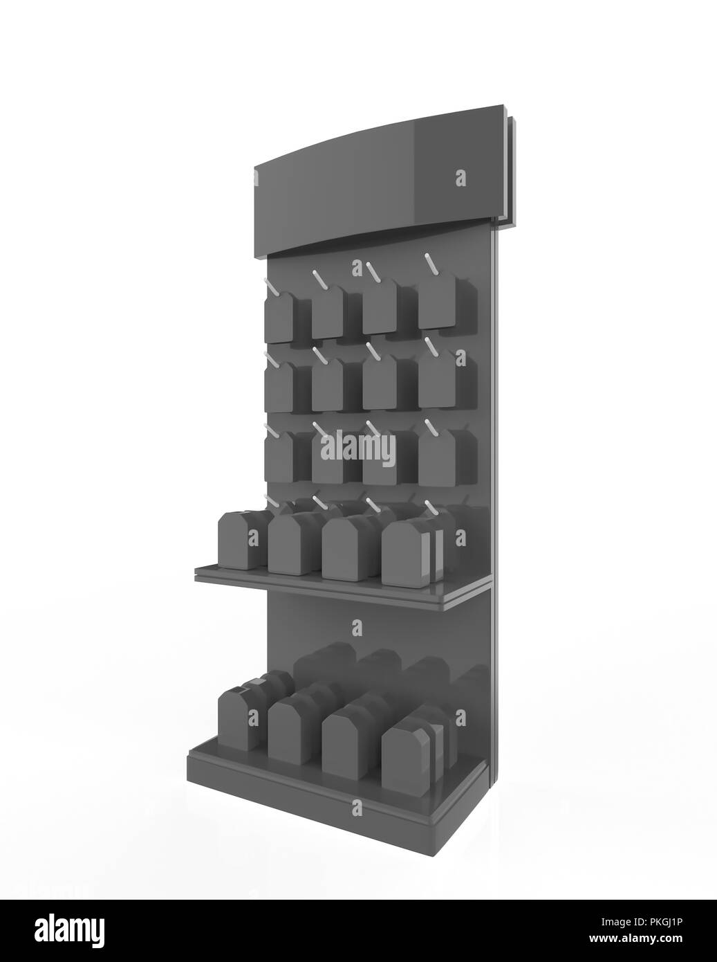 Telefon Zubehör Ständer, retail Display stand mit Haken für Produkt-, Anzeige steht auf weißem Hintergrund. 3D-Darstellung Stockfoto