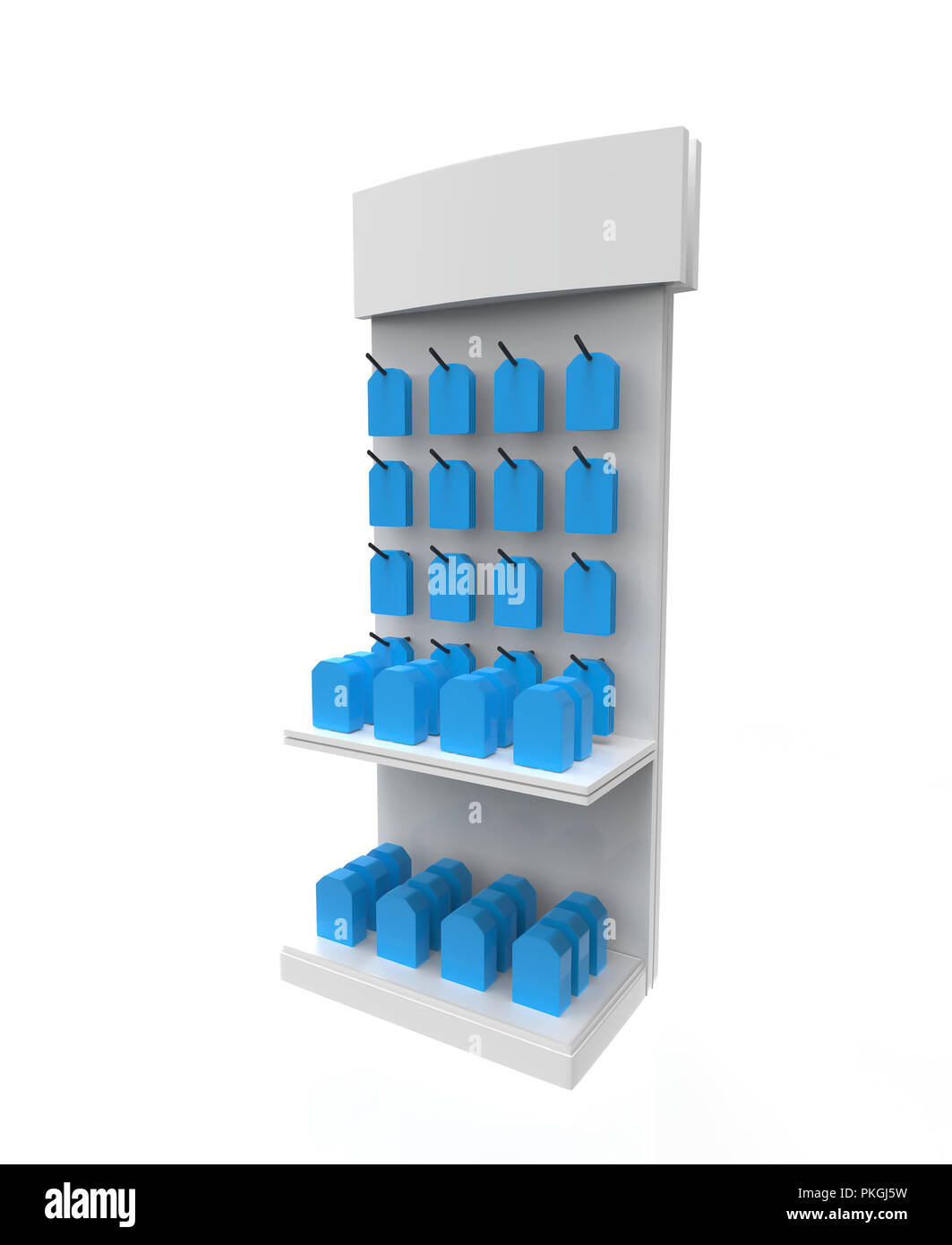 Telefon Zubehör Ständer, retail Display stand mit Haken für Produkt-, Anzeige steht auf weißem Hintergrund. 3D-Darstellung Stockfoto