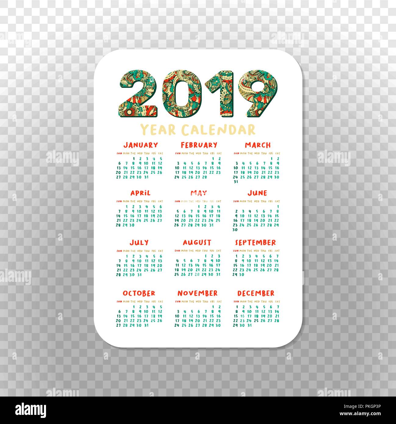 2019 Taschenkalender Basic Grid. Vektor vertikale Ausrichtung. Weiß druckbare Vorlage auf Transparet Hintergrund. Doodles Zahlen. Woche beginnt am Sonntag. Weihnachten oder Neujahr, Weihnachten Poster Design Stock Vektor