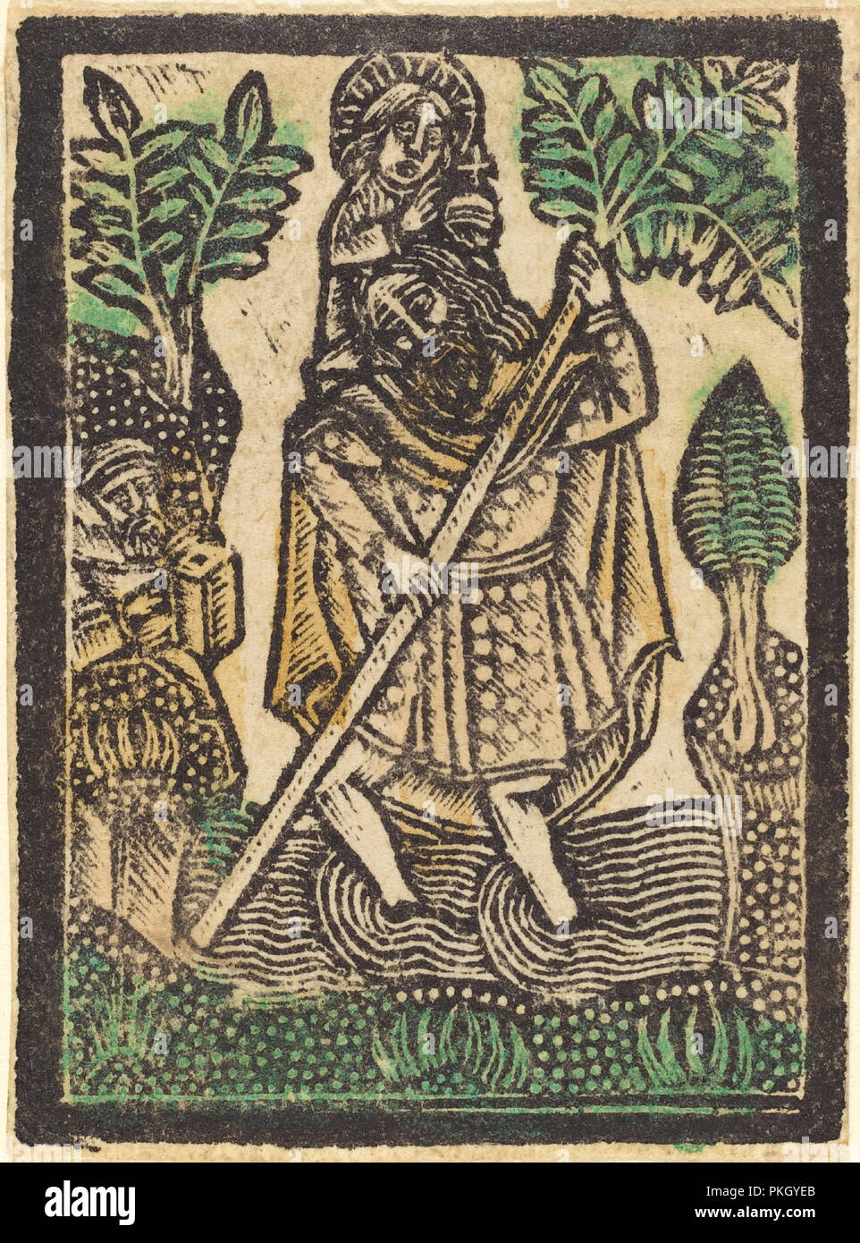 Saint Christopher. Stand: 1470/1480. Medium: metalcut, von Hand gefärbt. Museum: Nationalgalerie, Washington DC. Thema: Werkstatt von Meister der Aachener Madonna. Stockfoto