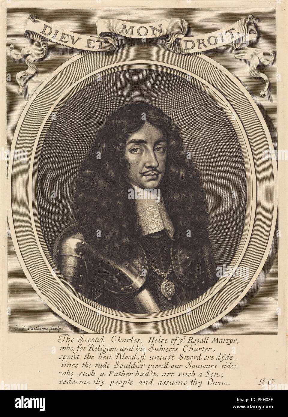 Charles II. Stand: 1650. Abmessungen: Platte: 32,8 x 23,9 cm (12 15/16 x 9 7/16 in.) Blatt: 42,6 x 27 cm (16 3/4 x 10 5/8 in.). Medium: Gravur auf Bütten. Museum: Nationalgalerie, Washington DC. Autor: William Hooker. Stockfoto