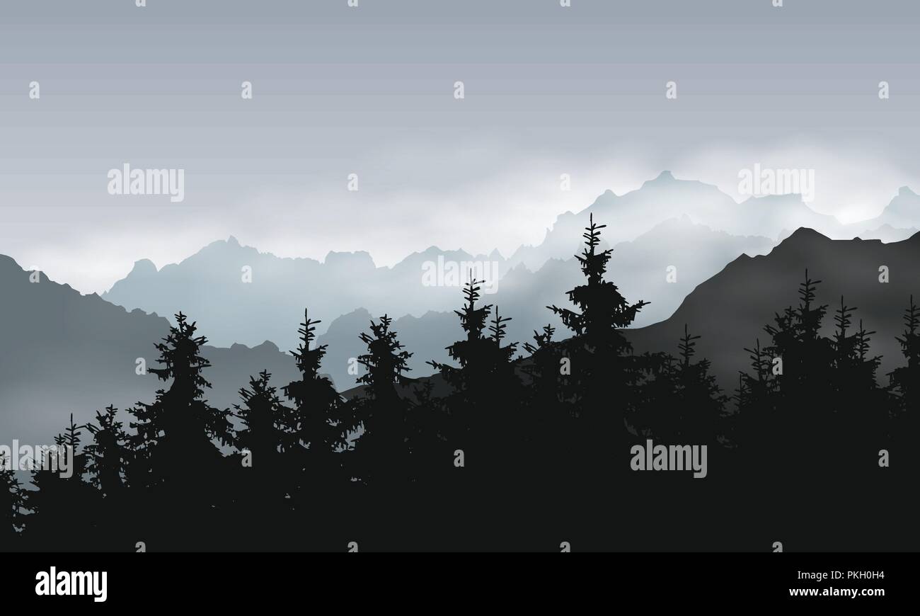 Vector Illustration der Berglandschaft mit nadelwald unter grauem Himmel mit Wolken und Nebel Stock Vektor