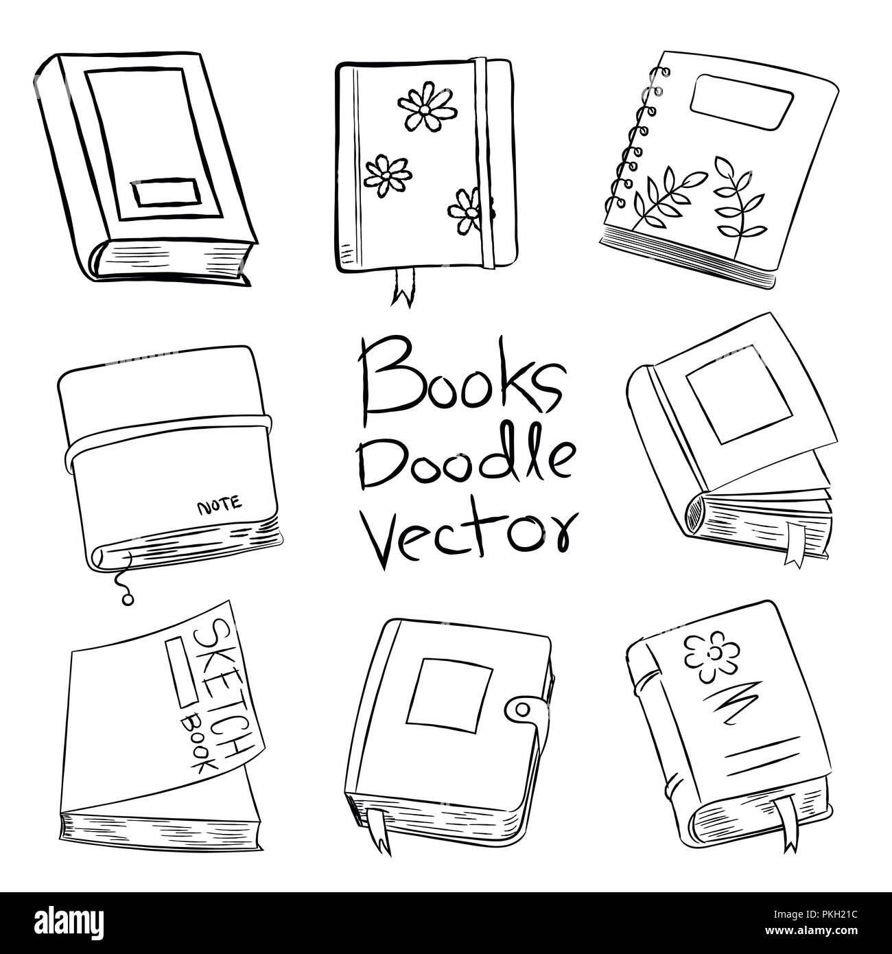 Bücher Doodle Vektor Hand für Malbuch, isoliert auf weißem Hintergrund - Vektor Cartoon Illustration gezeichnet. Stock Vektor