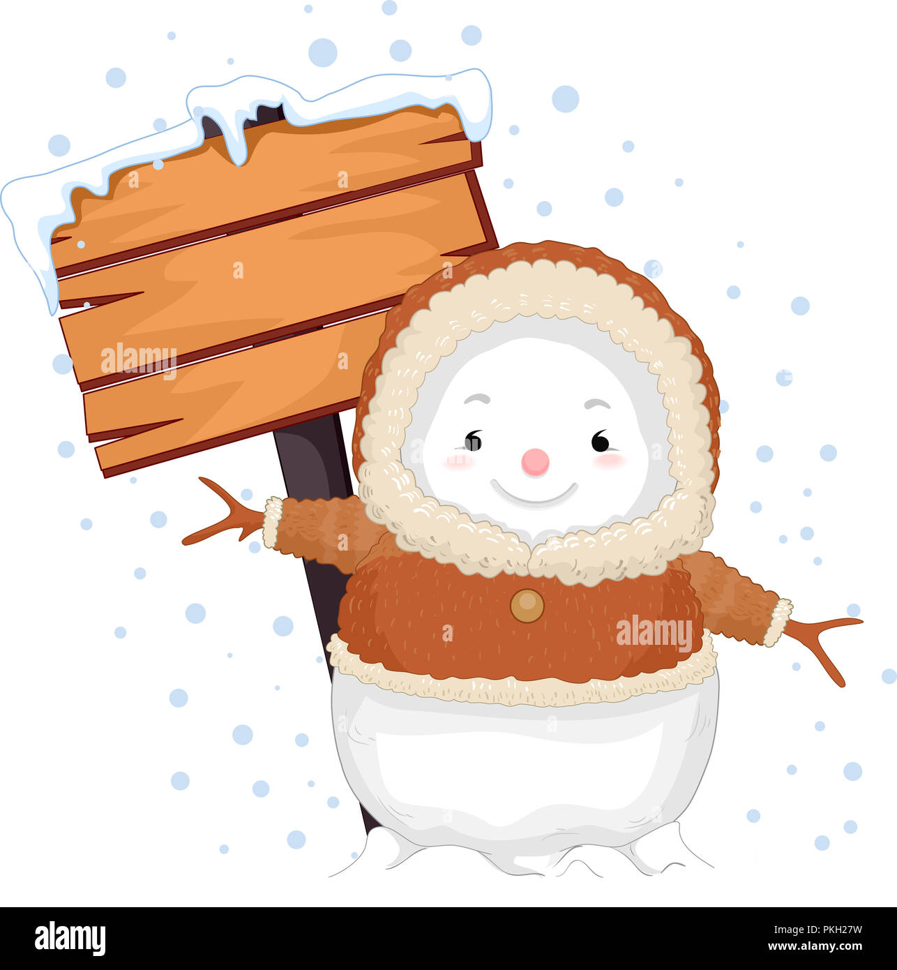 Abbildung: Ein Schneemann tragen Eskimo Kleidung und stand vor einer hölzernen Signage Stockfoto