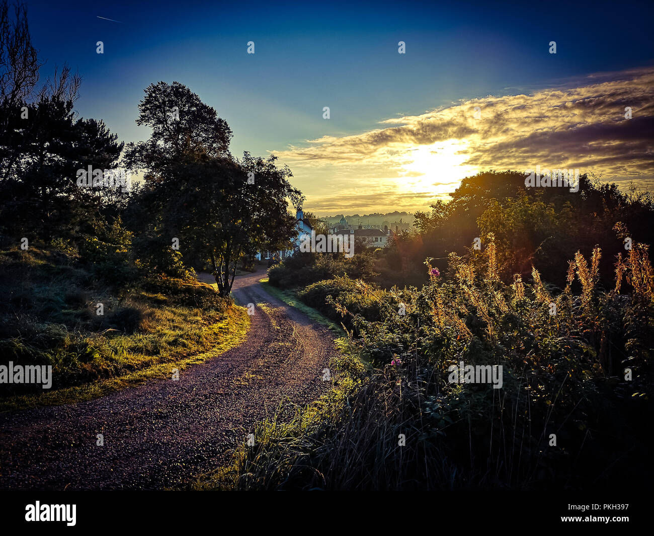 Nebel in den Hohlen, feinen Tag zu folgen! Eine malerische Schuß kurz nach Sonnenaufgang aus dem Gemeinsamen in Tunbridge Wells am 13. September 2018 berücksichtigt. Stockfoto