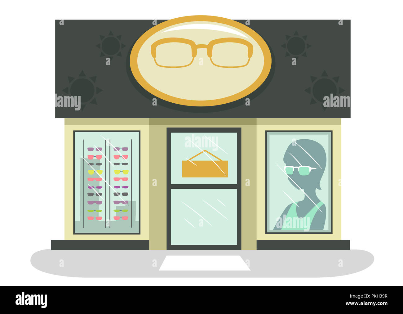 Abbildung eines Optischen Shop mit Brillen und Sonnenbrillen auf Anzeige Stockfoto