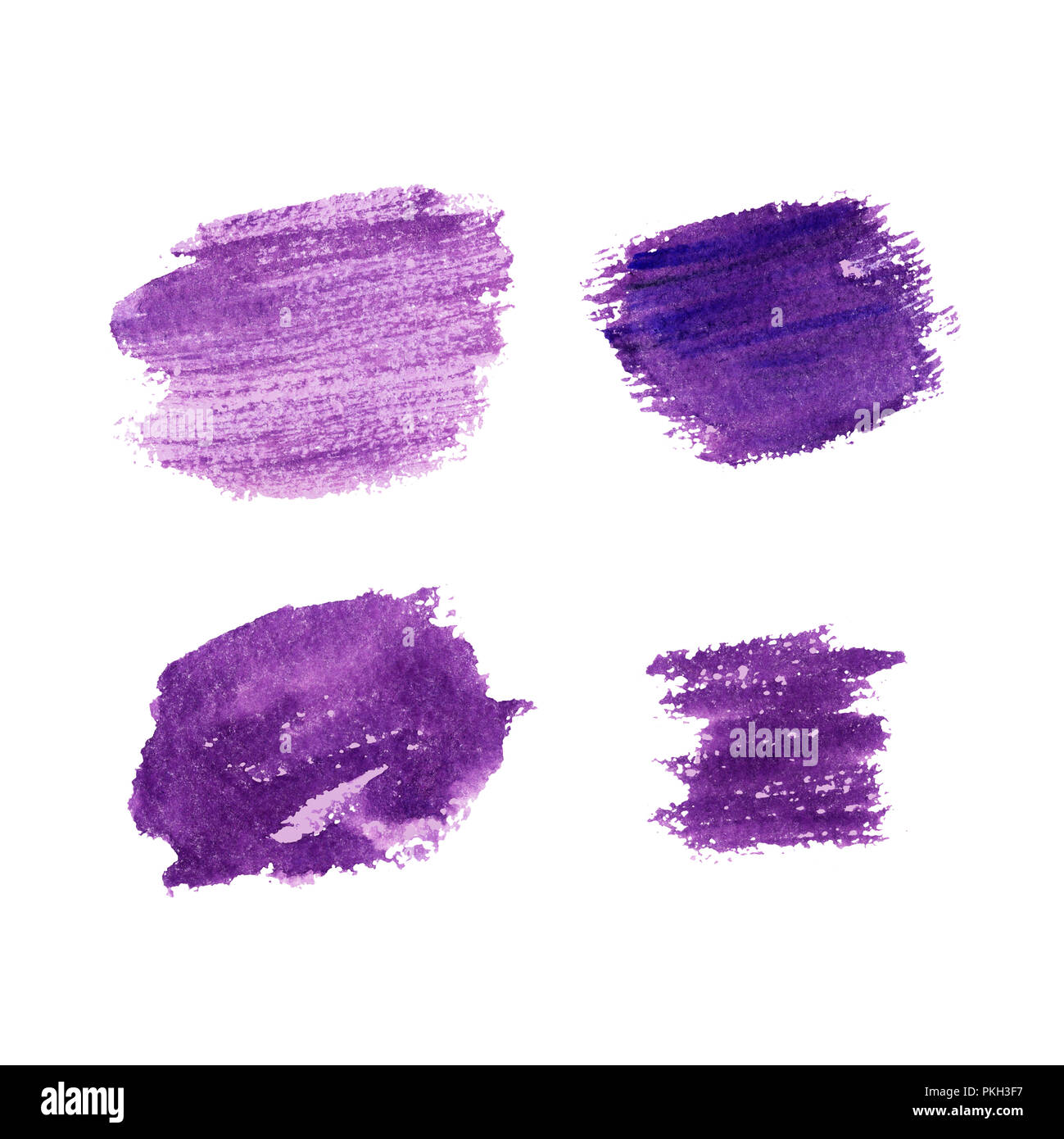 Lavendel Farbe pinselstriche Hand gezeichnet Hintergrund. Violette Farbe bestreichen auf weißem Hintergrund. Lavendel Fleck pastell Sammlung. Valentines Tag Pinselstriche Grußkarten gestalten. Isoliert Stockfoto