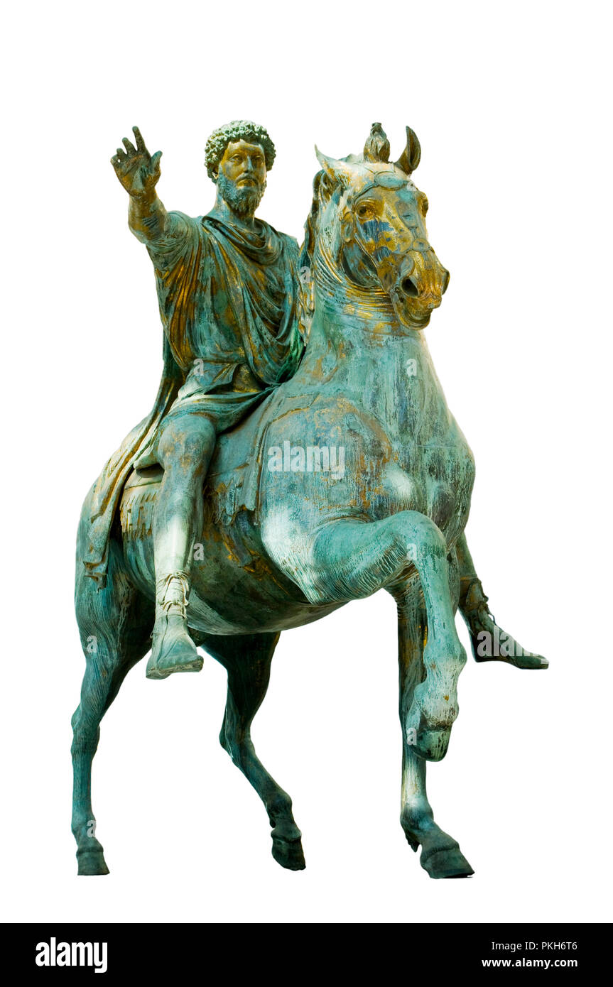 Original Reiterstatue des Kaisers Marcus Aurelius auf weißem Hintergrund Stockfoto