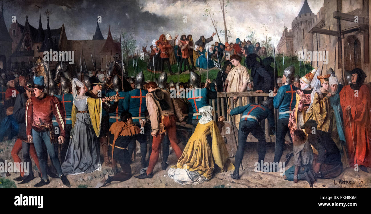 Hinrichtung von Jeanne d'Arc (Jeanne d'Arc: c,1412-1431). Jeanne d'Arc conduite au supplice (Jeanne d'Arc wird zum Pfahl geführt) von Isidore Patrois (1815-1884), Öl auf Leinwand, 1867 Stockfoto