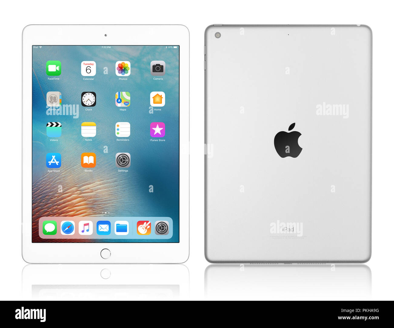 Kiew, Ukraine - Februar 6, 2018: Neue weiße Apple iPad Silber auf Weiß mit Freistellungspfad isoliert, 7. Generation der iPad App entwickelt. Stockfoto