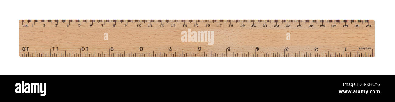 30 cm/12 Zoll Holz Lineal auf weißem Hintergrund Stockfoto