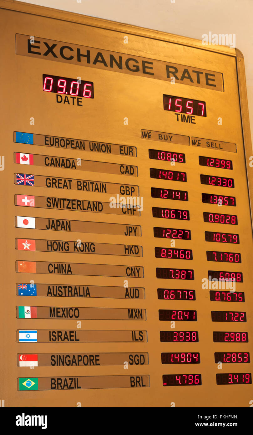 Umrechnungskurs Board in New York City, New York, USA. Stockfoto