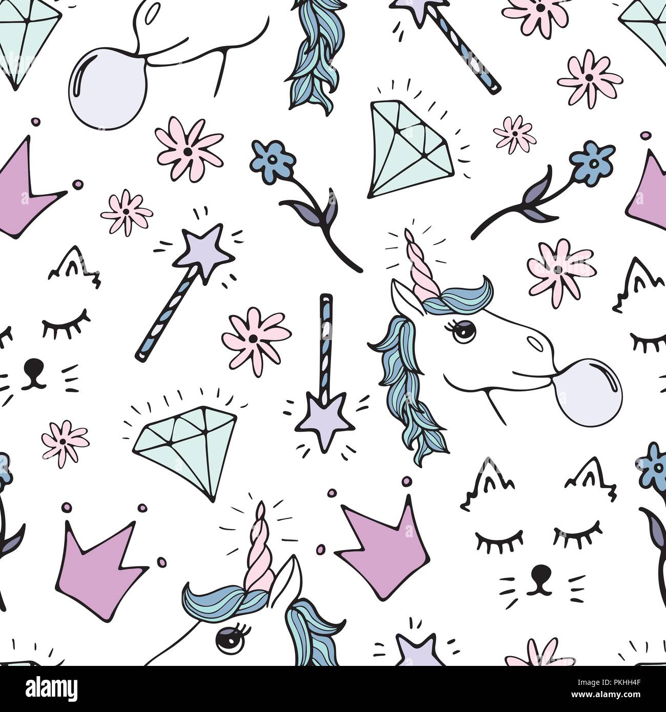 Schöne nahtlose Muster mit handgezeichneten Einhörner und niedlichen doodles. Stock Vektor