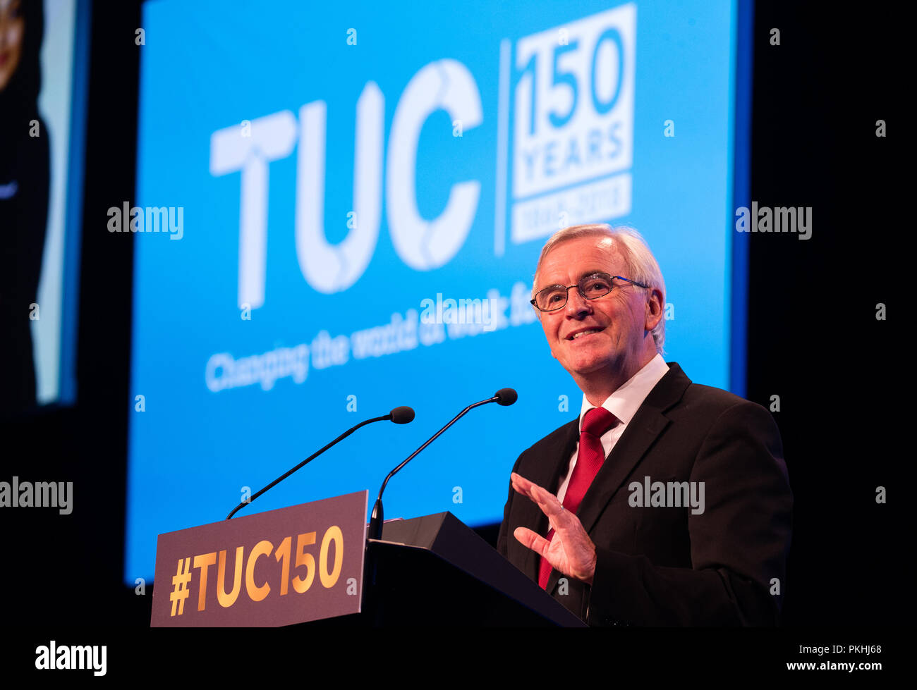 Schatzkanzler, John McDonnell, Adressen der Trades Union Congress in Manchester als Keynote Redner Stockfoto