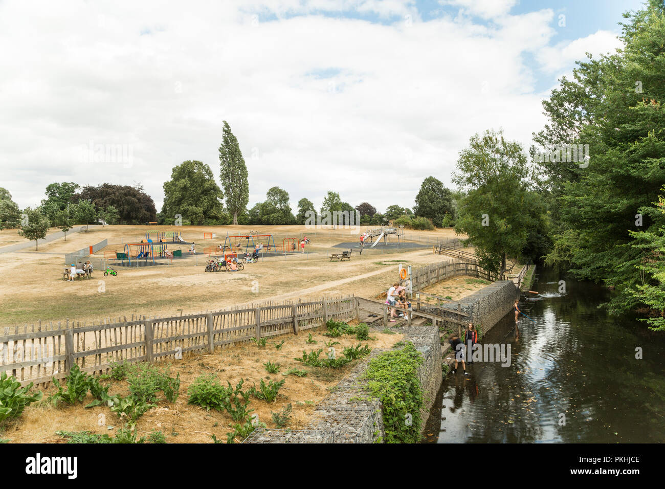 Chelmsford, Essex, Großbritannien - 28. Juli 2018: englische Familien genießen Sie einen wunderschönen sonnigen Samstag, spielende Kinder auf dem Spielplatz und Erholung am Rive Stockfoto
