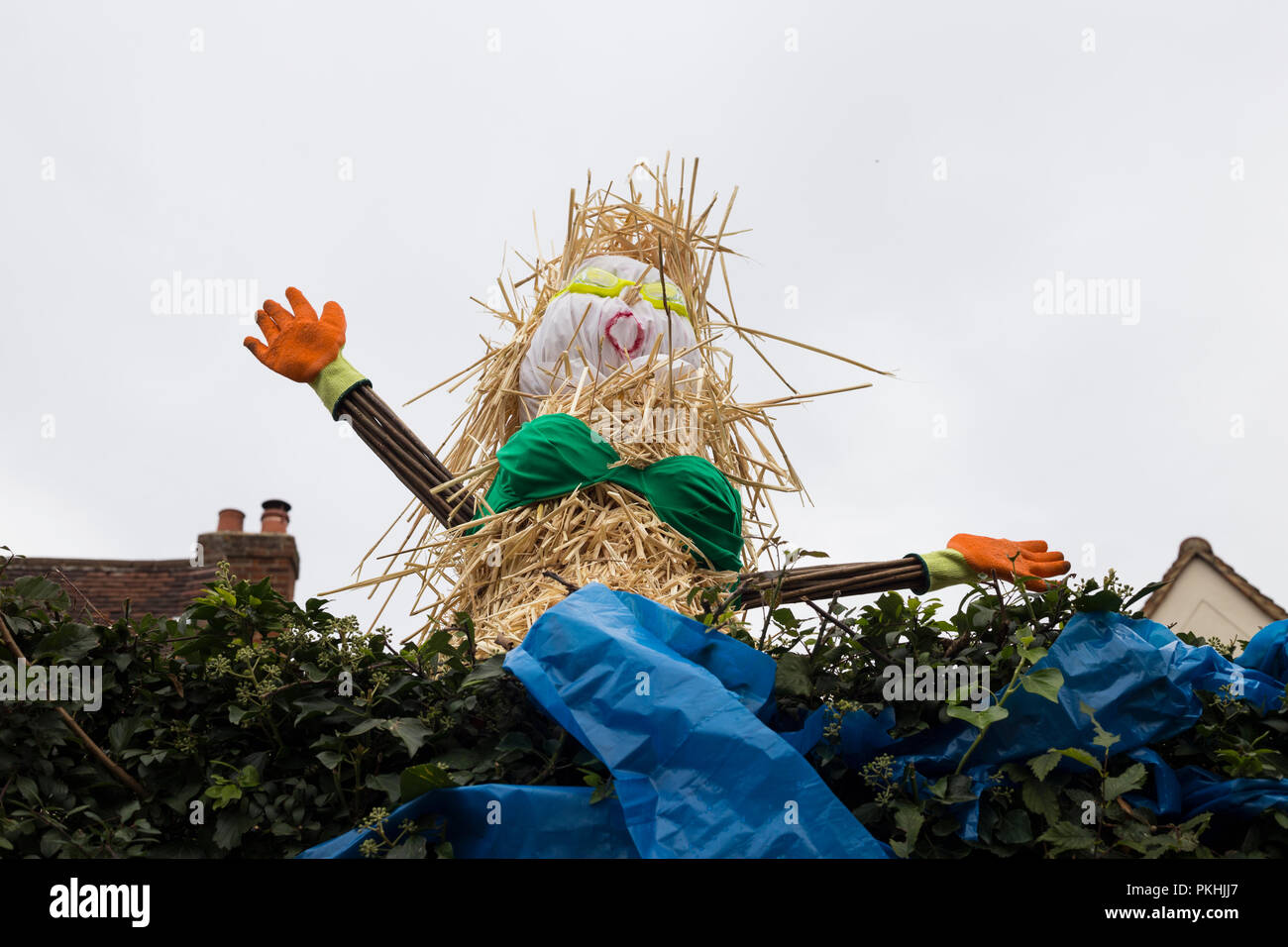Ein Stroh gefüllt Karikatur Abbildung porträtiert song Popstar am traditionellen jährlichen High Wych Scarecrow Festival - Essex, Großbritannien Stockfoto