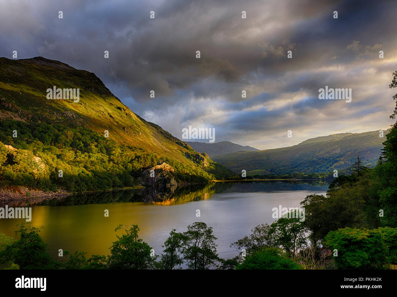 Die Sonne erstmals nach einer Nacht der Regen, glänzend auf Gallt Y Wenallt neben Llyn Gwynant in Snowdonia (Eryri), Wales (Cymru Stockfoto