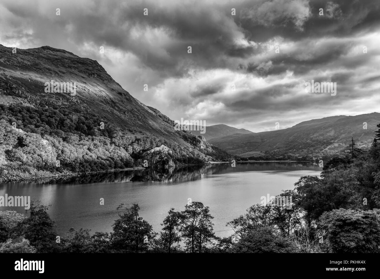 Die Sonne erstmals nach einer Nacht der Regen. Shinning auf Gallt Y Wenallt neben Llyn Gwynant in Snowdonia (Eryri), Wales (Cymru), UK. Stockfoto